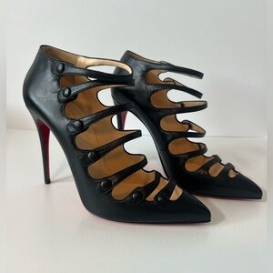 Christian Louboutin Black Leather Strappy Cutout Pumps with Red Soles